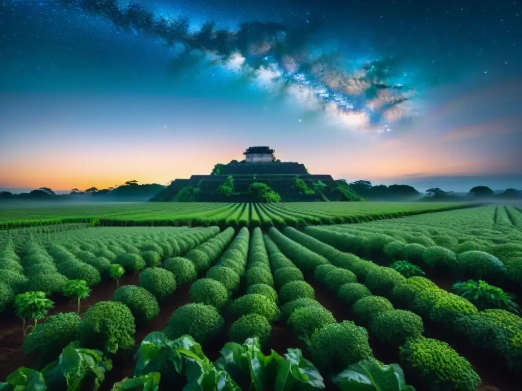 Campo agrícola maya: armonía celeste y terrenal La armonía entre la Astronomía Maya y la planificación agrícola se refleja en esta detallada imagen de un campo maya bajo un cielo estrellado