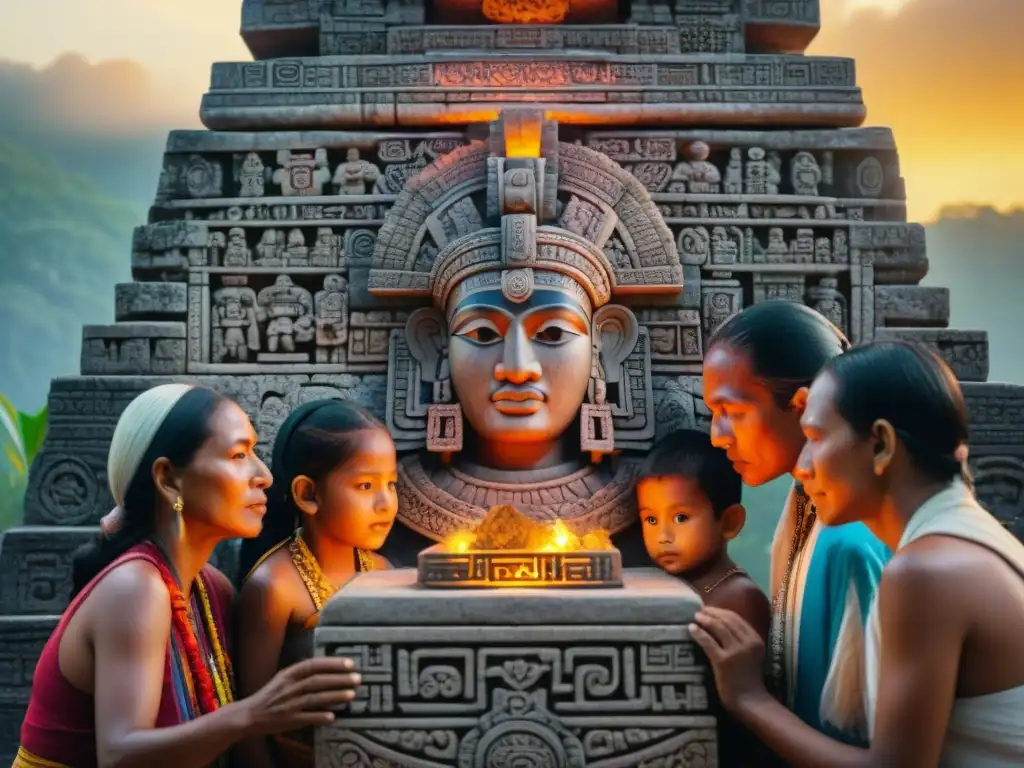 Mayan elders and children around a stone monument, preserving cultural heritage