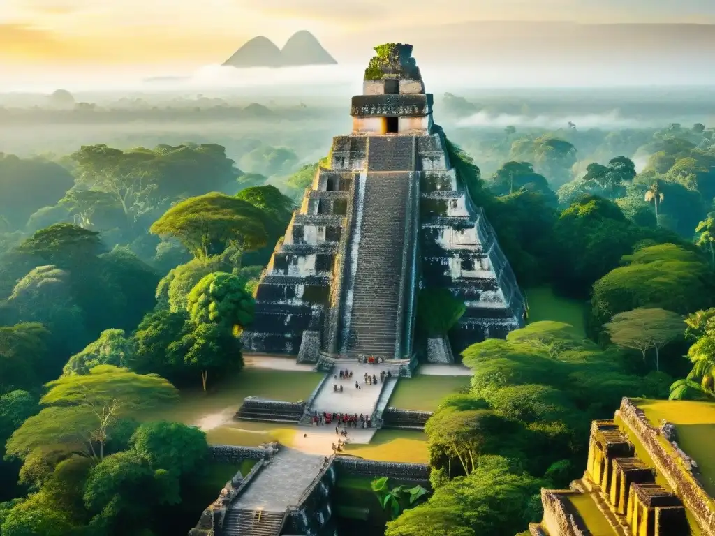 Exploración arqueológica al amanecer en la antigua ciudad maya de Tikal, entre pirámides y selva exuberante