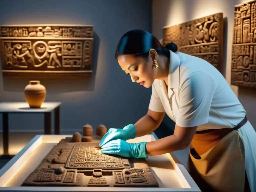 Un arqueólogo examina arte maya auténtico con dedicación en un laboratorio