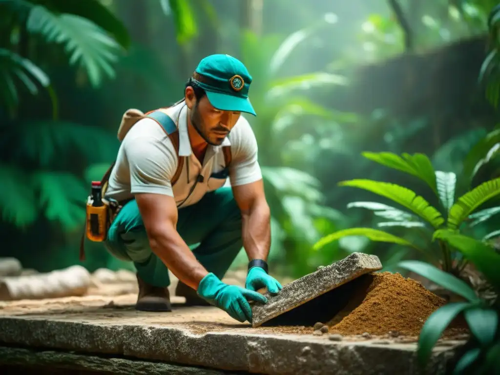 Descubriendo secretos en Calakmul: Arqueólogo en la jungla Un arqueólogo descubriendo un artefacto maya en la densa jungla cerca de Calakmul, resaltando la importancia histórica