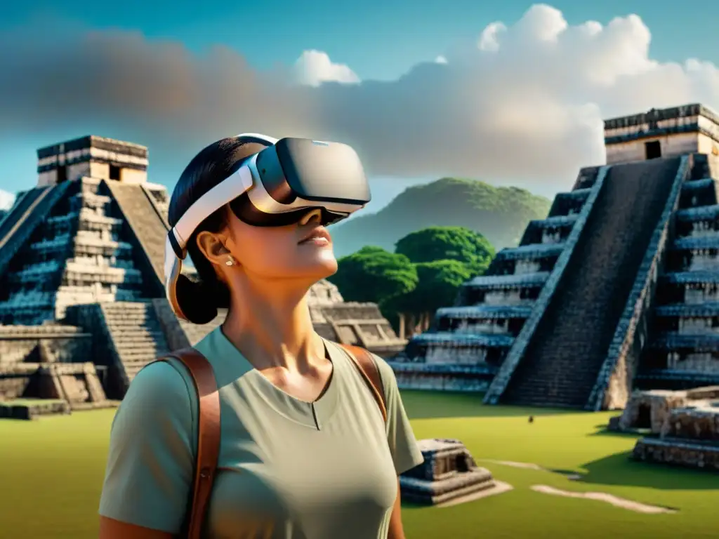 Arqueólogo explorando Chichén Itzá en realidad virtual, reflejando asombro en las ruinas mayas