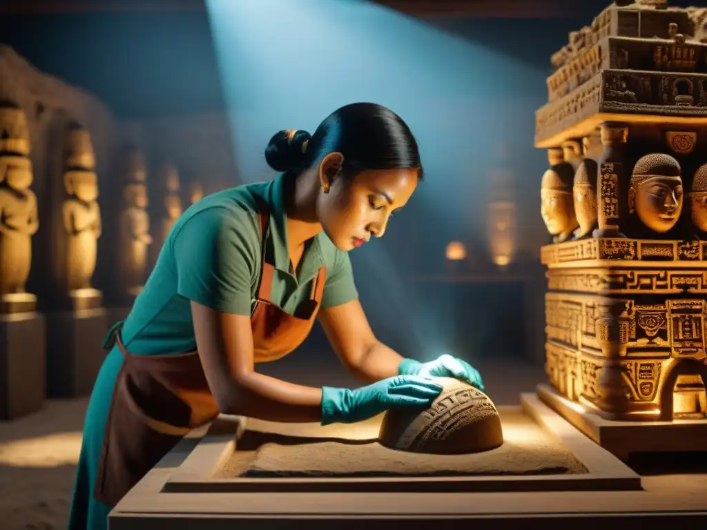 Un arqueólogo experto realiza una reconstrucción 3D de arte maya con tecnología avanzada, rodeado de antigüedades en penumbra