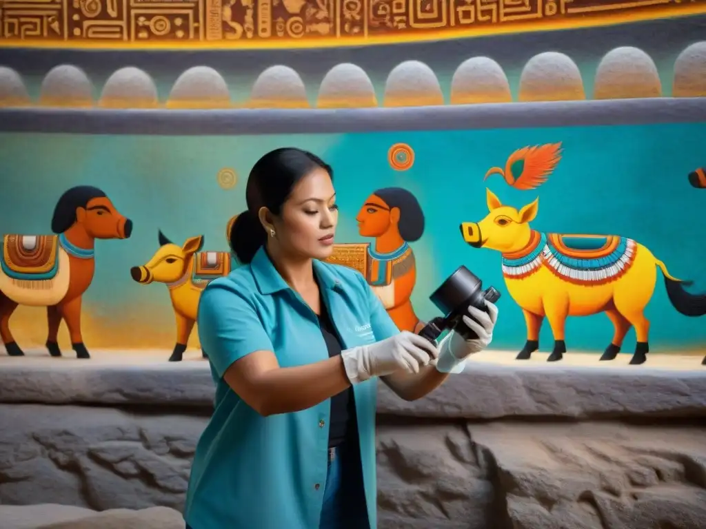 Un arqueólogo experto analiza los colores originales del arte maya en un mural bien conservado