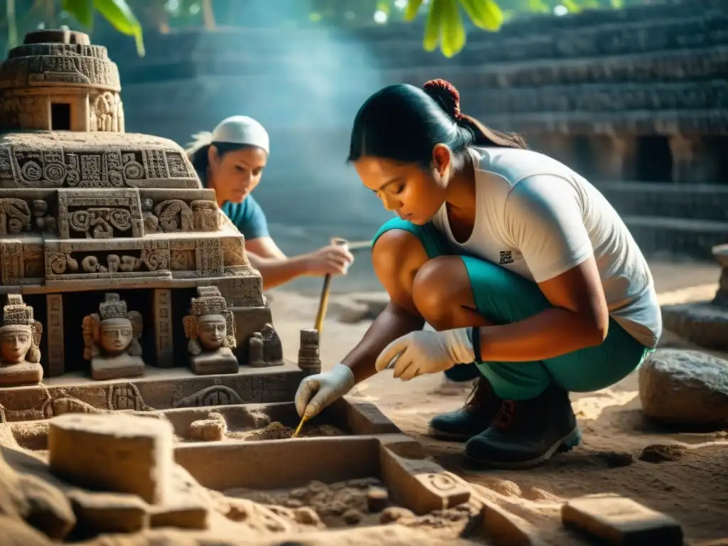 Un arqueólogo limpia con cuidado una pieza maya mientras conserva la herencia maya bajo el sol del Yucatán