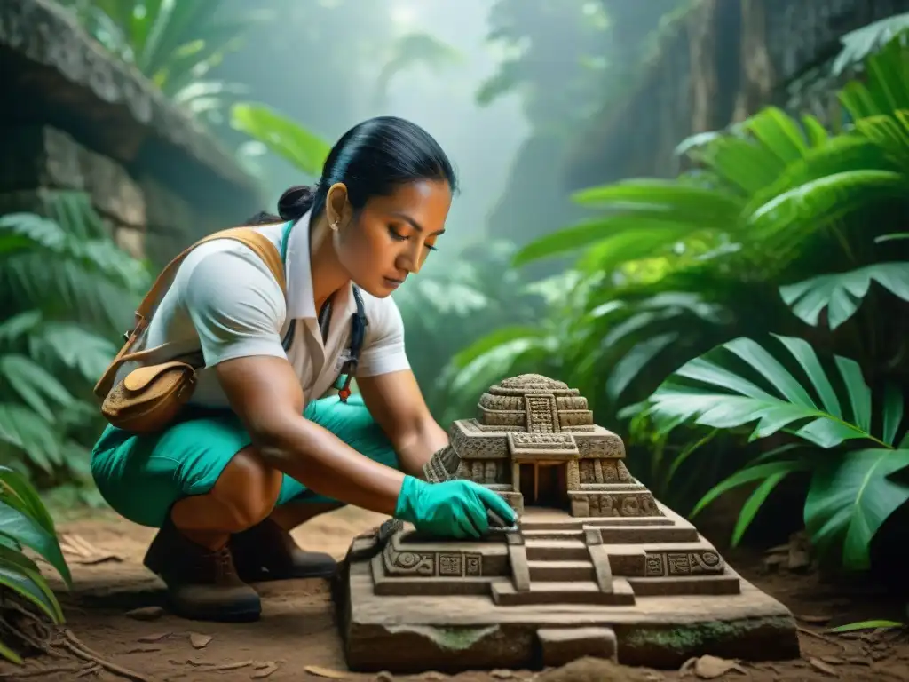 Un arqueólogo maya excavando una antigua reliquia rodeado de exuberante vegetación, documentando con una cámara