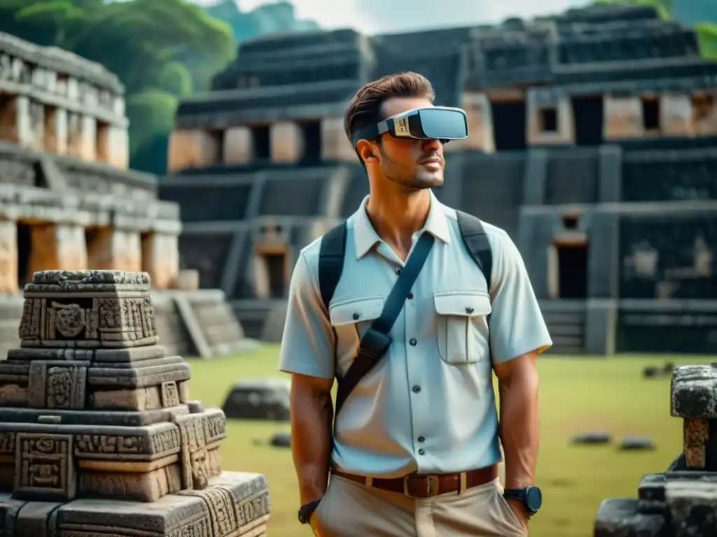 Arqueólogo con tecnología wearable explora ruinas mayas con herramientas de vanguardia, fusionando historia antigua y moderna