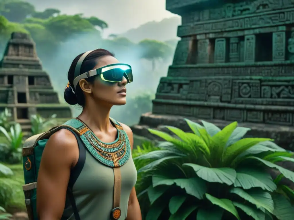 Arqueólogo con tecnología wearable explora ruinas mayas entre vegetación exuberante