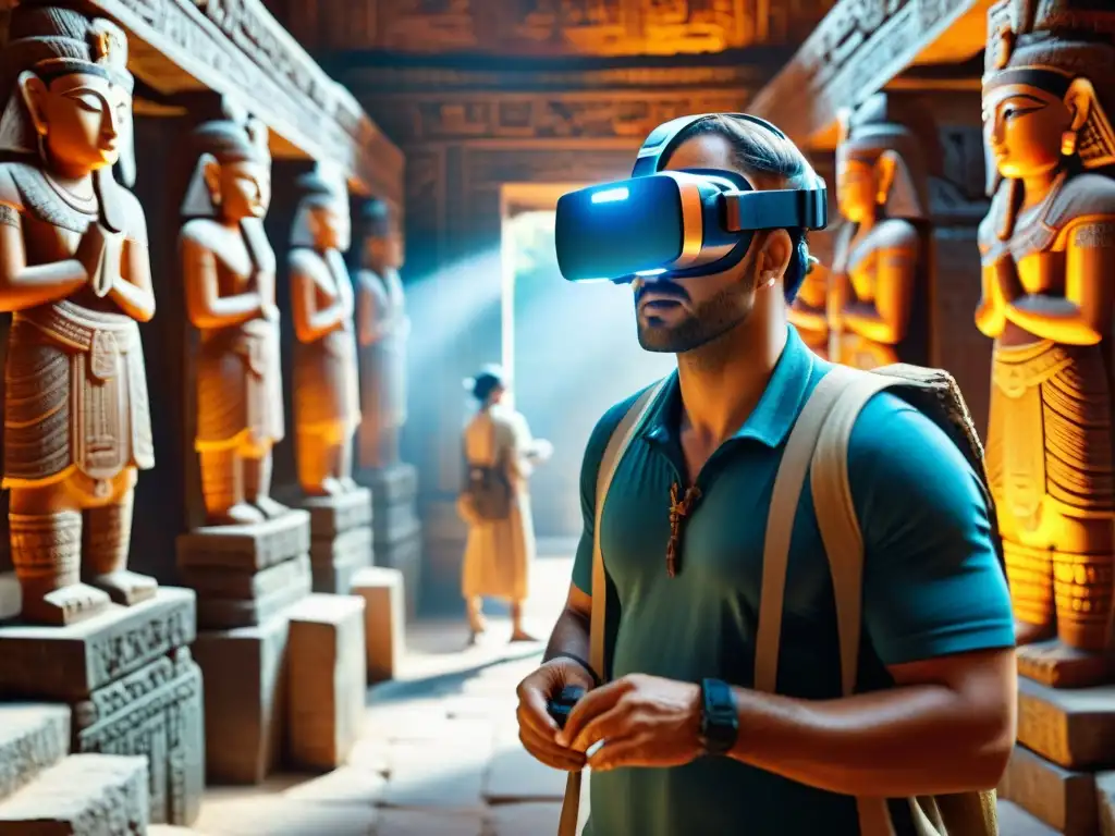 Arqueólogo en templo maya con auriculares de realidad virtual: fusión de historia antigua y tecnología