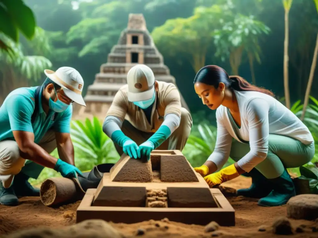 Arqueólogos excavando arte maya bajo el sol, rodeados de ruinas y vegetación, desenterrando una pieza de cerámica única