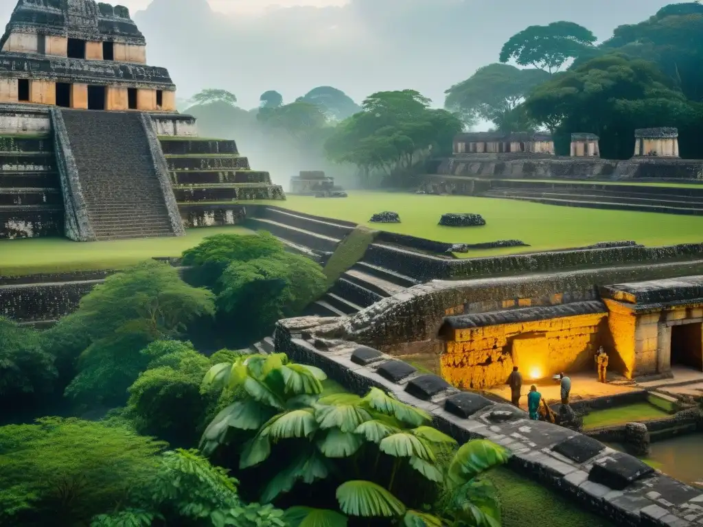 Arqueólogos excavando artefactos antiguos en la majestuosa ciudad maya de Becán, rodeados de vegetación y restos de su foso defensivo