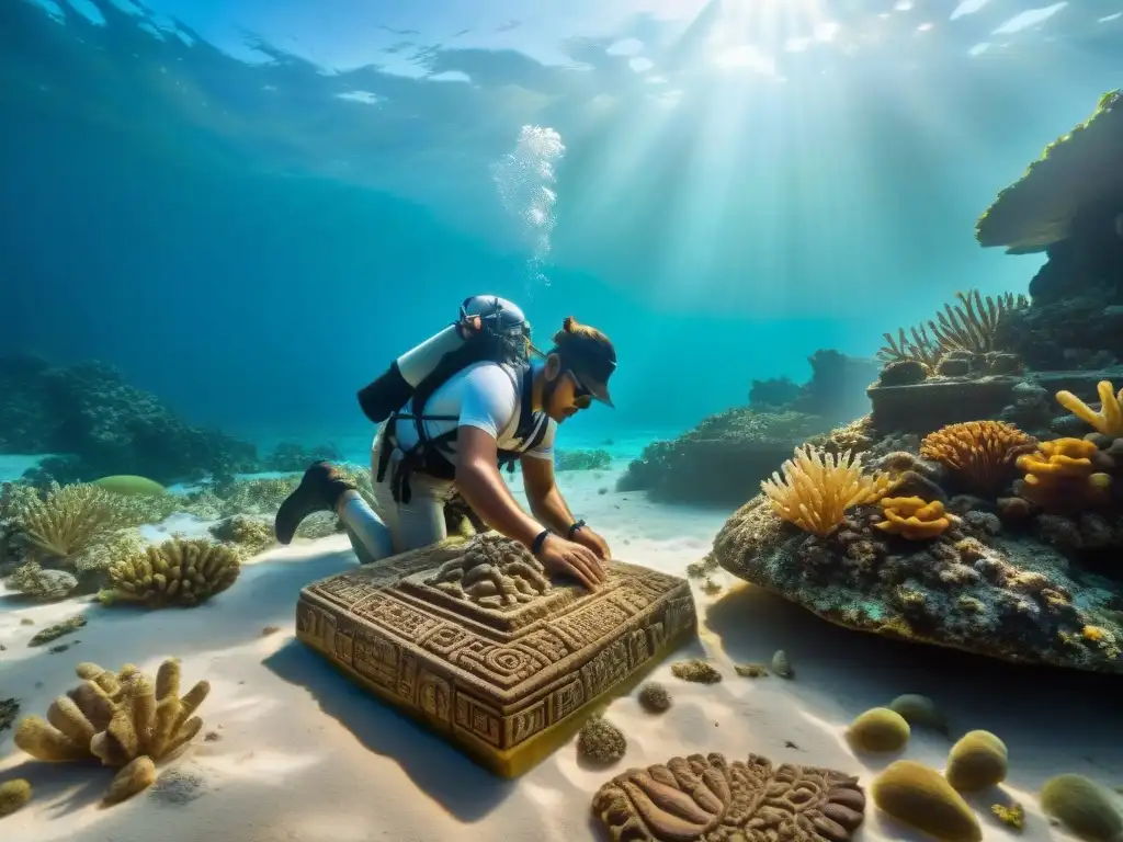 Arqueólogos explorando artefactos mayas bajo el mar, rodeados de vida marina vibrante y aguas cristalinas