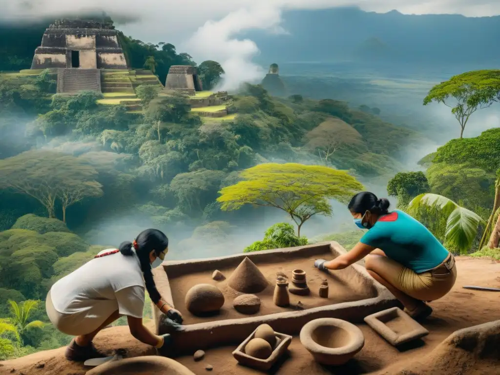 Arqueólogos excavando artefactos mayas en El Mirador, destacando la ruta hacia El Mirador cultura