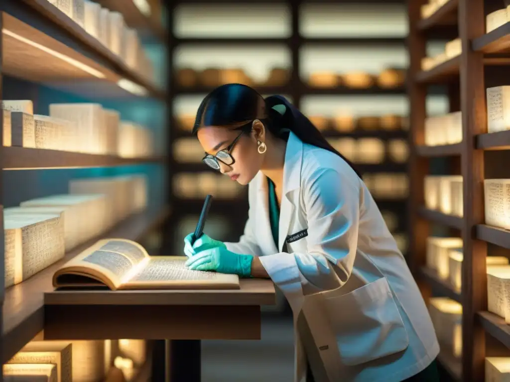 Arqueólogos descifran códices mayas con dedicación en laboratorio, rodeados de libros y herramientas avanzadas