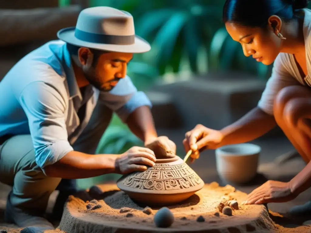 Arqueólogos excavando con cuidado una cerámica maya en un yacimiento, destacando hallazgos recientes