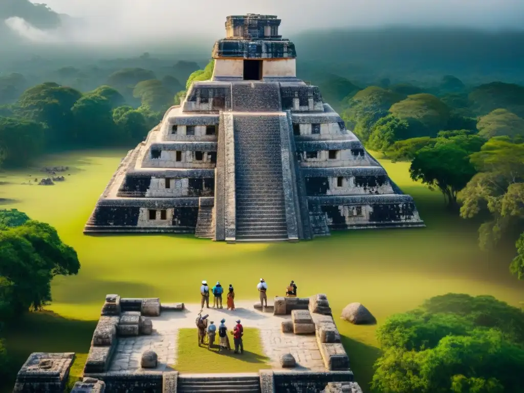 Arqueólogos utilizando drones y escáneres 3D para documentar ruinas mayas, mostrando conservación ruinas mayas educación cultural