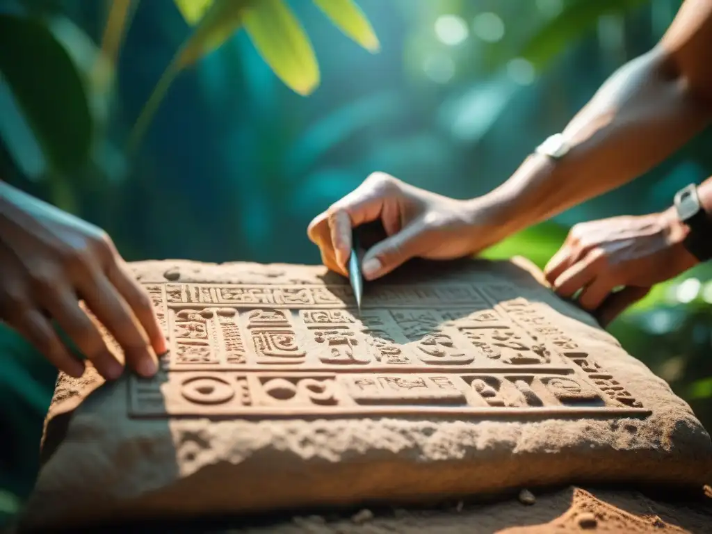 Arqueólogos excavando estela maya en la selva de Guatemala, conservación escritura maya amenazas soluciones