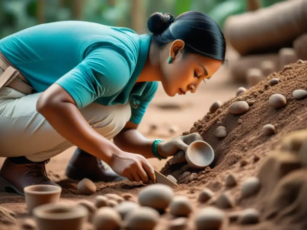 Arqueólogos excavando fragmentos de cerámica maya, resaltando su arte y colores en el sitio de excavación