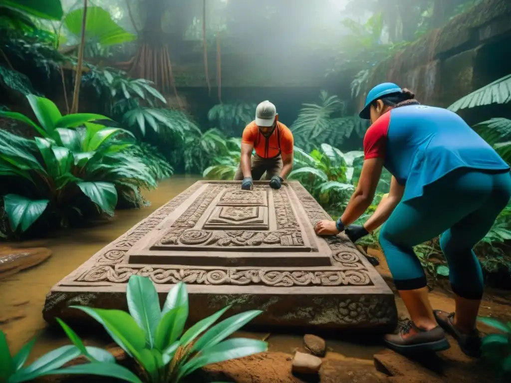 Arqueólogos descubriendo grabados en sitio maya oculto, salvaguarda cultural en la jungla