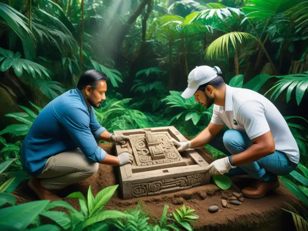 Arqueólogos cuidadosamente excavando joya maya en exuberante entorno