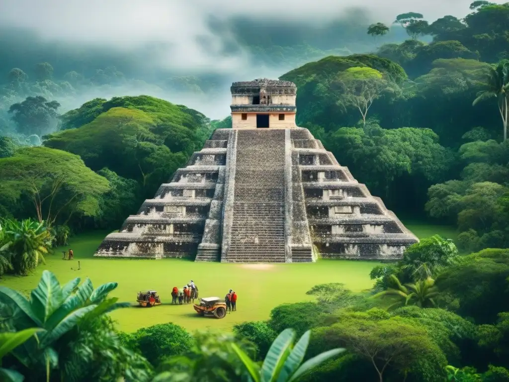 Arqueólogos descubriendo una pirámide maya en la selva