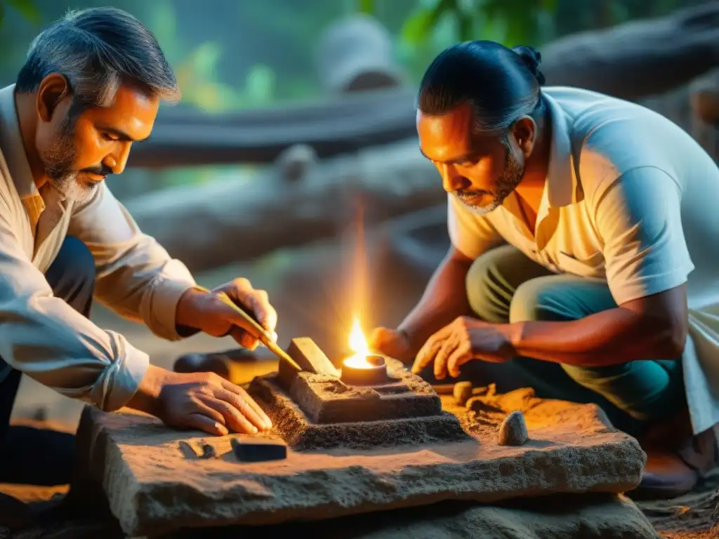 Arqueólogos reconstruyen meticulosamente un ritual maya en ruinas, bajo la luz del atardecer