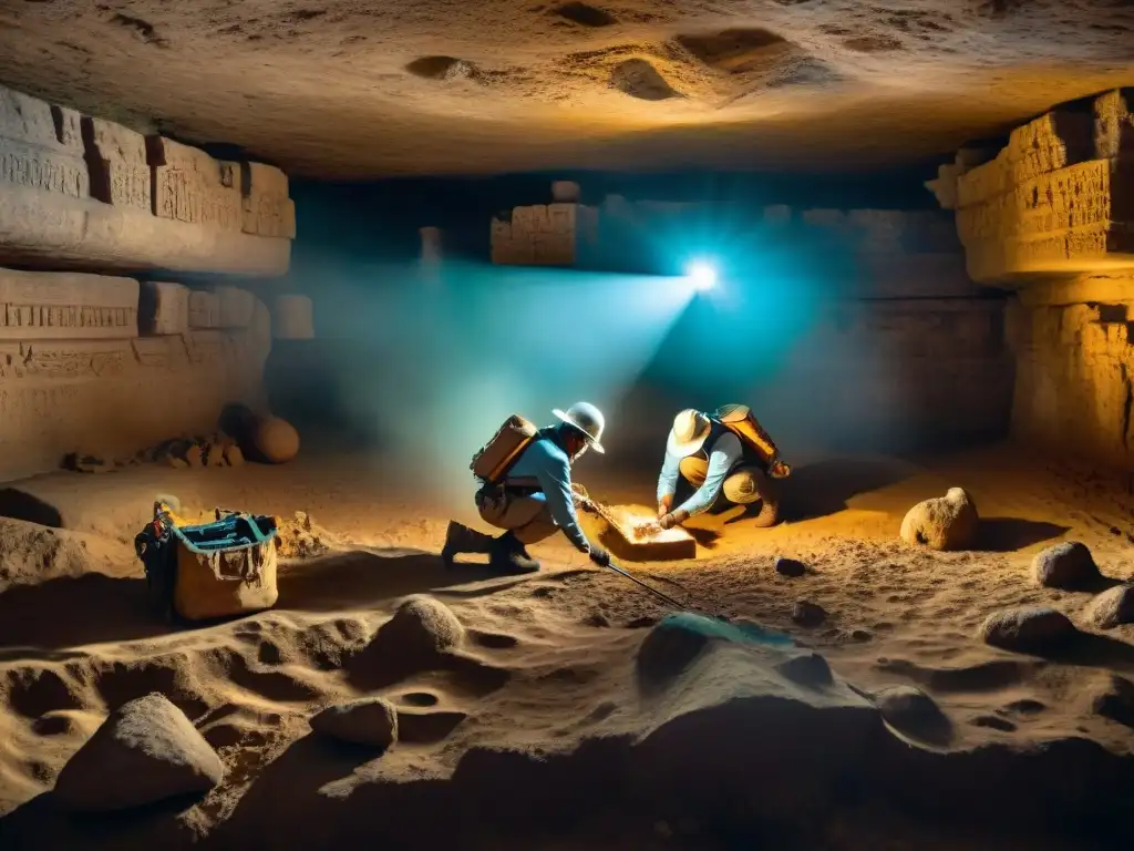 Arqueólogos exploran cámara subterránea en ruinas mayas con carvings y artefactos antiguos