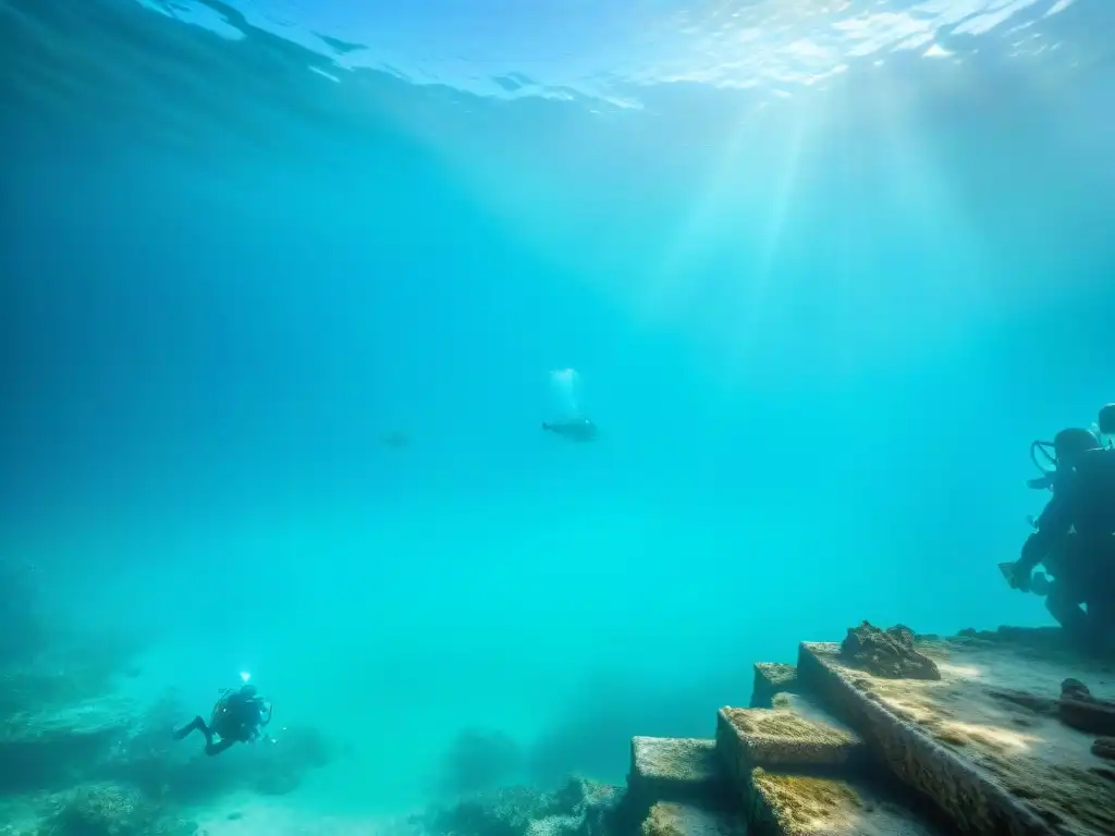 Excavación arqueológica maya en cenote: maravilla subacuática Diversos arqueólogos submarinos excavando con cuidado un artefacto maya en un cenote, transmitiendo maravilla y conservación patrimonio submarino maya
