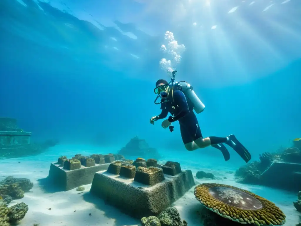 Arqueólogos submarinos exploran ruinas mayas en agua cristalina, rodeados de vida marina colorida