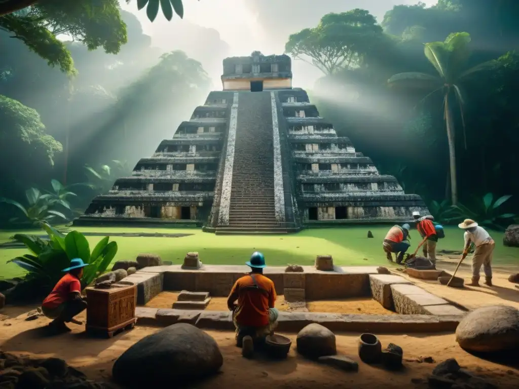 Arqueólogos descubriendo templo maya en la selva: educación arqueología maya preservación cultural