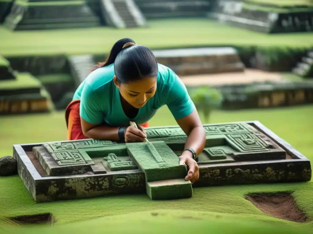 Arqueólogos excavando tesoro sagrado Altun Ha Belice, revelando máscara de jade intrincada y colorida