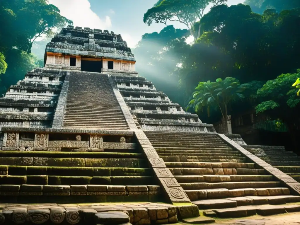 Diseño arquitectura ceremonial templos mayas: Detalles intrincados del Templo de las Inscripciones en Palenque, iluminados por la selva