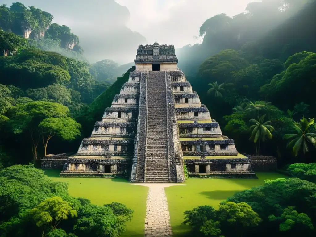 Arquitectura defensiva de ciudades mayas: muros altos, torres de vigilancia y intrincados pasajes en la jungla iluminados por el sol