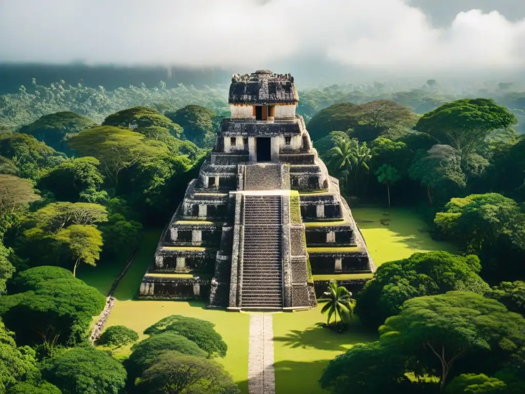 Preservación de la arquitectura maya ante el cambio: complejo templo rodeado de exuberante jungla, detalladas esculturas y estructuras de piedra