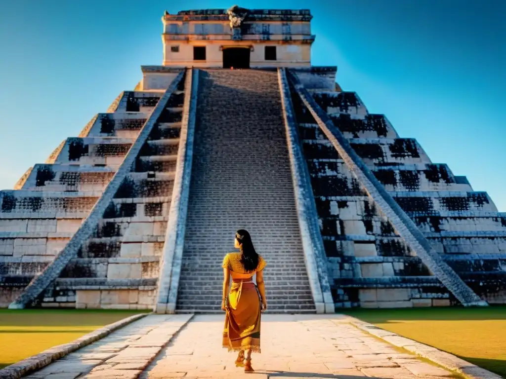 Templo de Kukulkán en Chichén Itzá: Equinoccio Celestial Arquitectura maya celestial: detallada escultura y alineaciones en Templo de Kukulkán en Chichén Itzá durante equinoccio