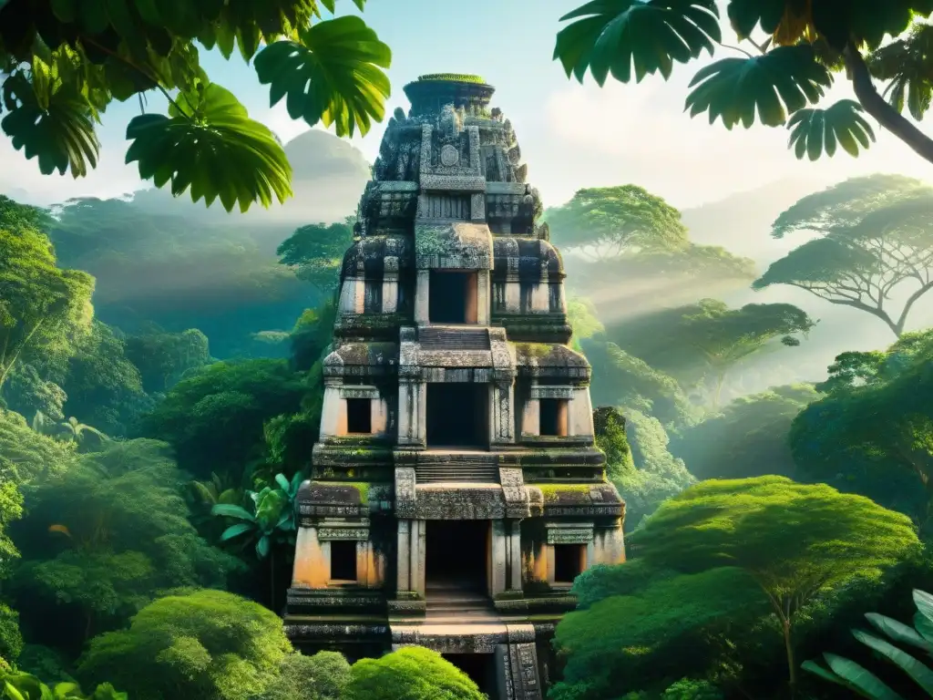 Arquitectura maya integrada en la naturaleza: templo antiguo entre exuberante follaje, luz filtrándose