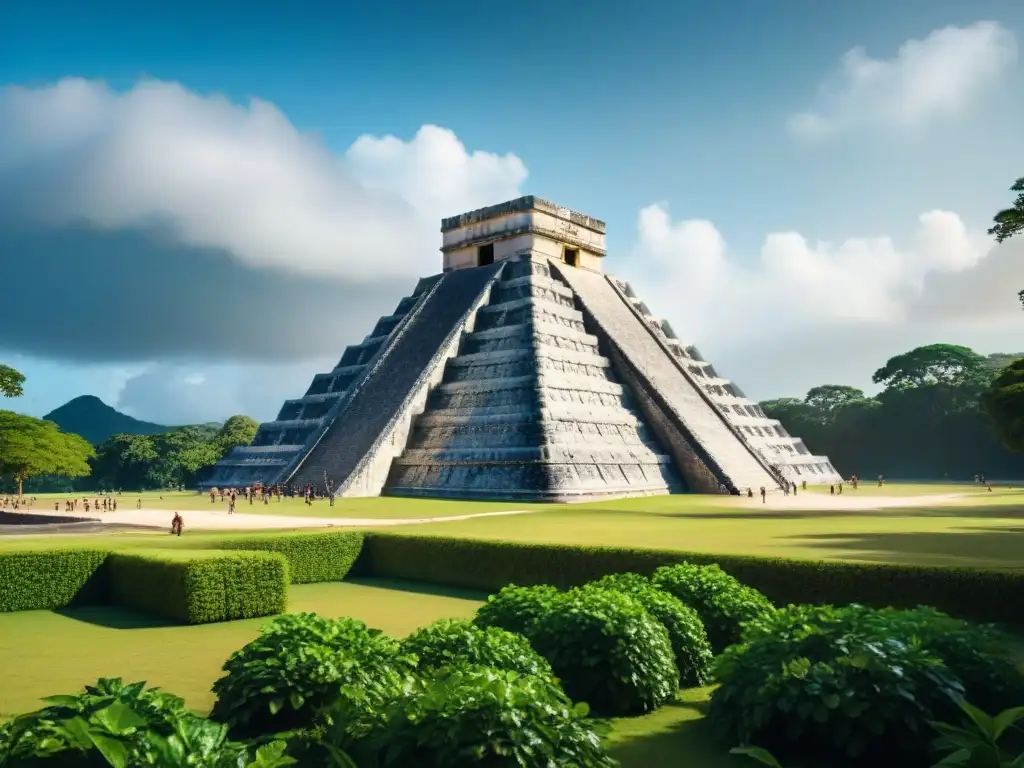 Arquitectura maya integrada en la naturaleza: pirámide de Kukulcán en Chichén Itzá entre exuberante vegetación y luz filtrada