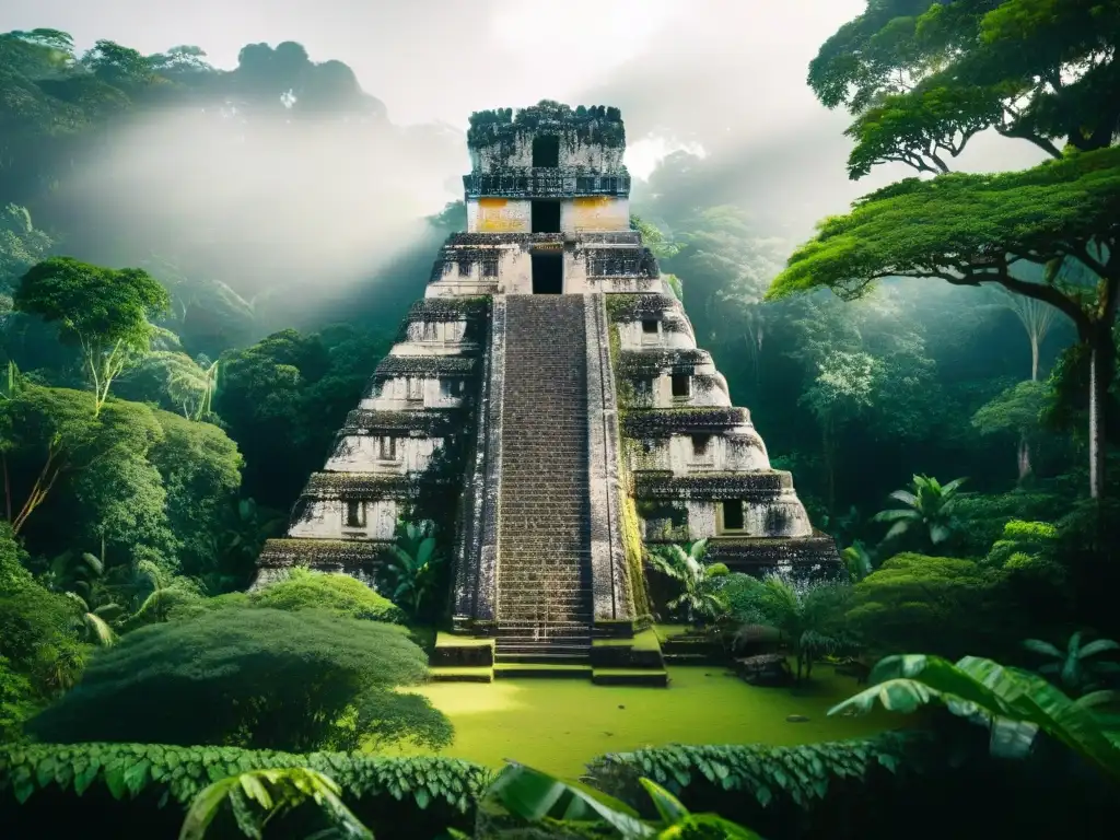 Arquitectura maya en la selva: Ruinas antiguas cubiertas de vegetación, con intrincadas esculturas de piedra y jeroglíficos