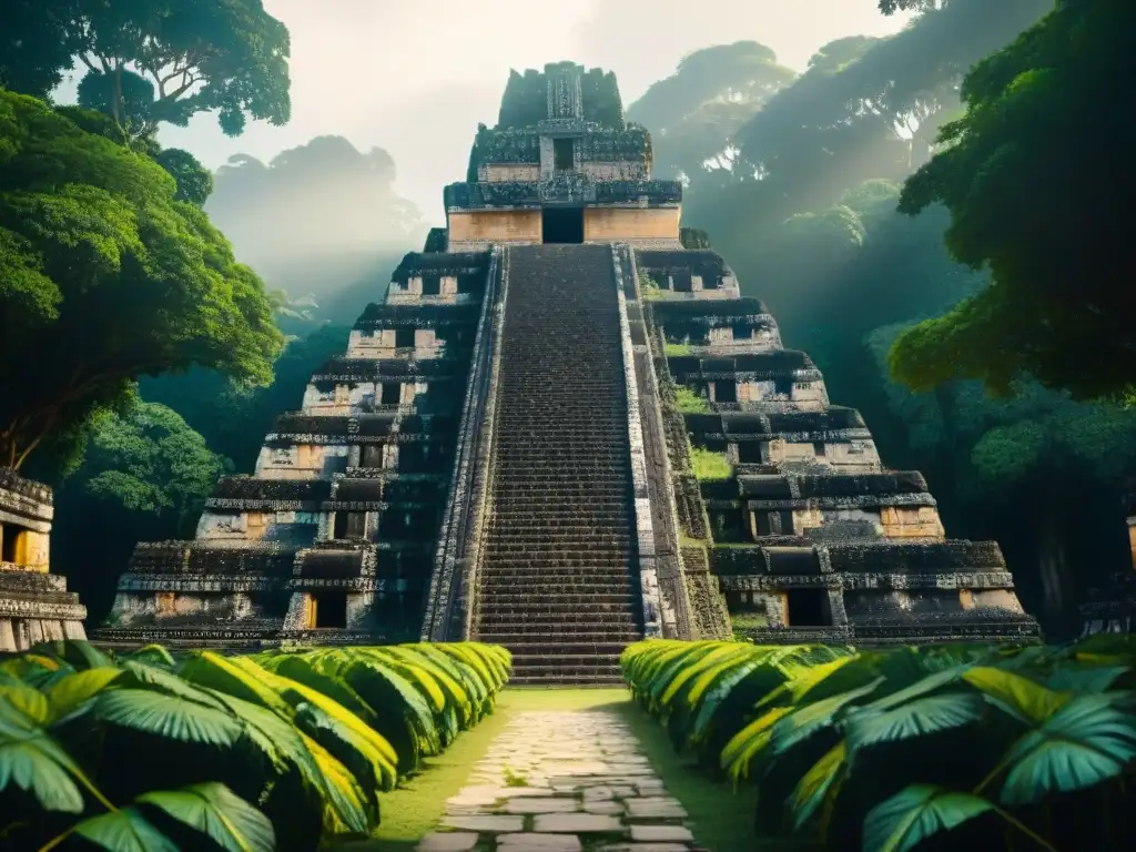 Arquitectura maya en la selva: templo majestuoso entre la exuberante vegetación, envuelto en misterio y encanto ancestral