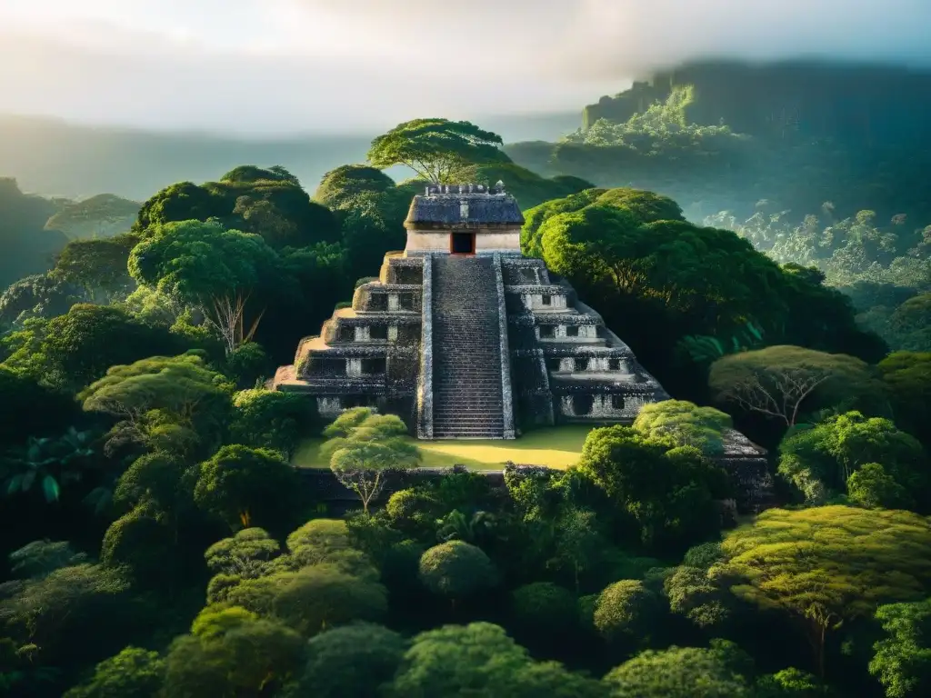 Arquitectura Maya Sustentable: estructura antigua entre exuberante vegetación, sombras y detalles de piedra