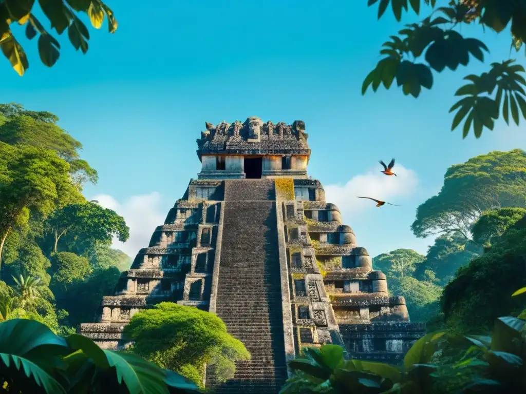 Arquitectura Maya Sustentable: Templo antiguo rodeado de exuberante jungla, aves coloridas y río tranquilo