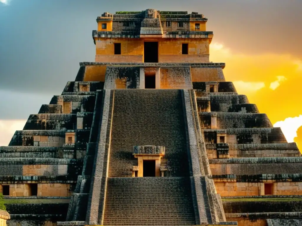 Arquitectura maya en Uxmal: Detallados grabados de piedra y patrones geométricos en la majestuosa Pirámide del Adivino, iluminados por el sol poniente