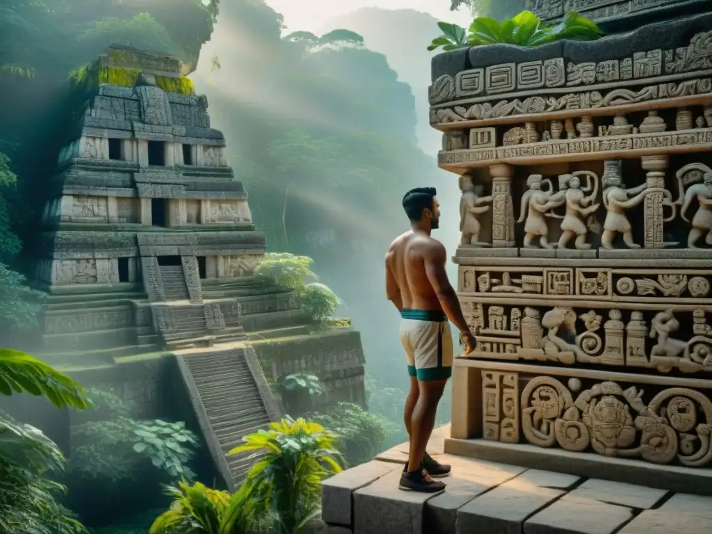 Arquitectura de piedra caliza maya: artesanos mayas tallando diseños en la selva vibrante