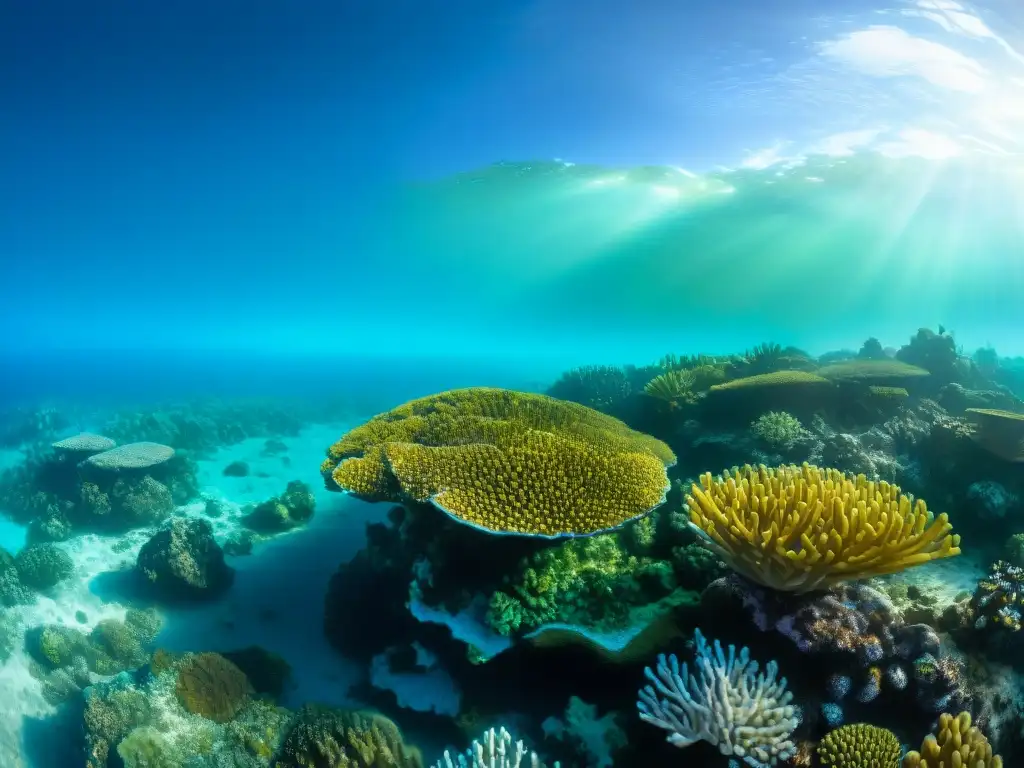 Un arrecife de coral vibrante en la costa de la Península de Yucatán, destaca la conservación marina en la civilización maya