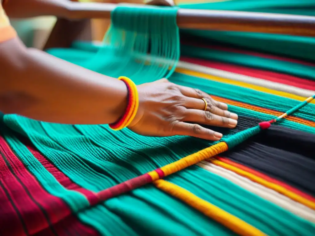 Arte ancestral: manos tejiendo un textil maya, destacando la transmisión simbolismo textiles mayas