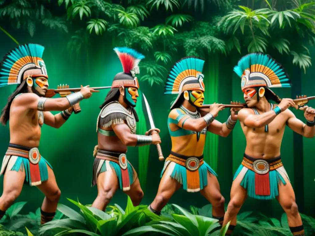 Arte bélico maya: guerreros en intensa batalla entre exuberante jungla con tácticas de guerra ancestrales