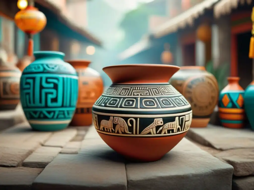 Arte cerámica maya intercambio: Vaso maya con patrones geométricos y figuras, en mercado bullicioso