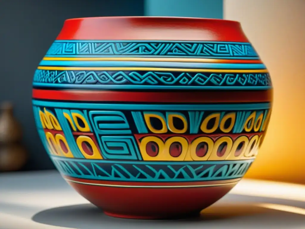 Arte cerámico maya en línea: Detalle de un vaso brillantemente coloreado con intrincados patrones geométricos en rojo, azul y amarillo