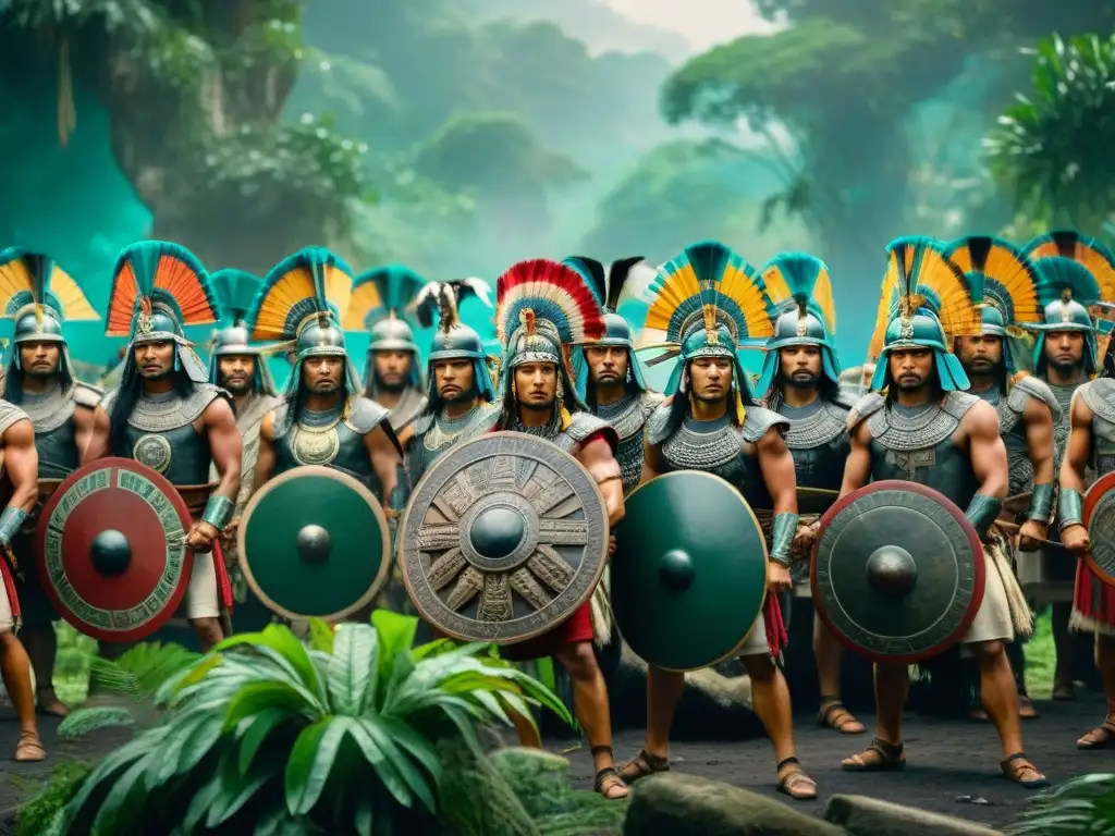 Arte de la Guerra Maya: Detallada escena de batalla con guerreros mayas, plumajes y jade, luchando con lanzas y escudos en la selva