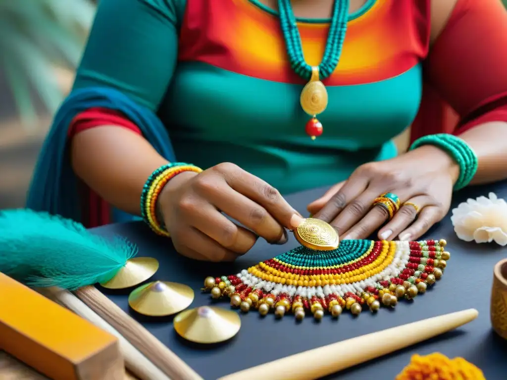 Arte joyero maya: artesano detallista crea pieza con materiales preferidos como oro, plata y conchas, fusionando tradición y diseño contemporáneo